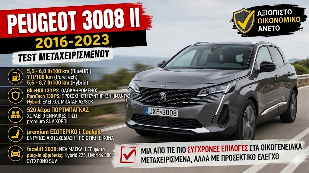 Μεταχειρισμένο Peugeot 3008 (2016-2023): Ποιο να αγοράσεις και τι να ελέγξεις Μεταχειρισμένο Peugeot 3008 (2016-2023): Ποιο να αγοράσεις και τι να ελέγξεις